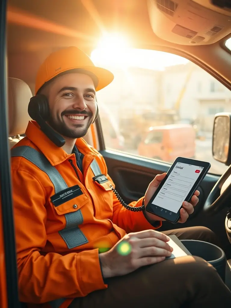 A ringing phone next to a website contact form, with a happy electrician answering a call in his van.