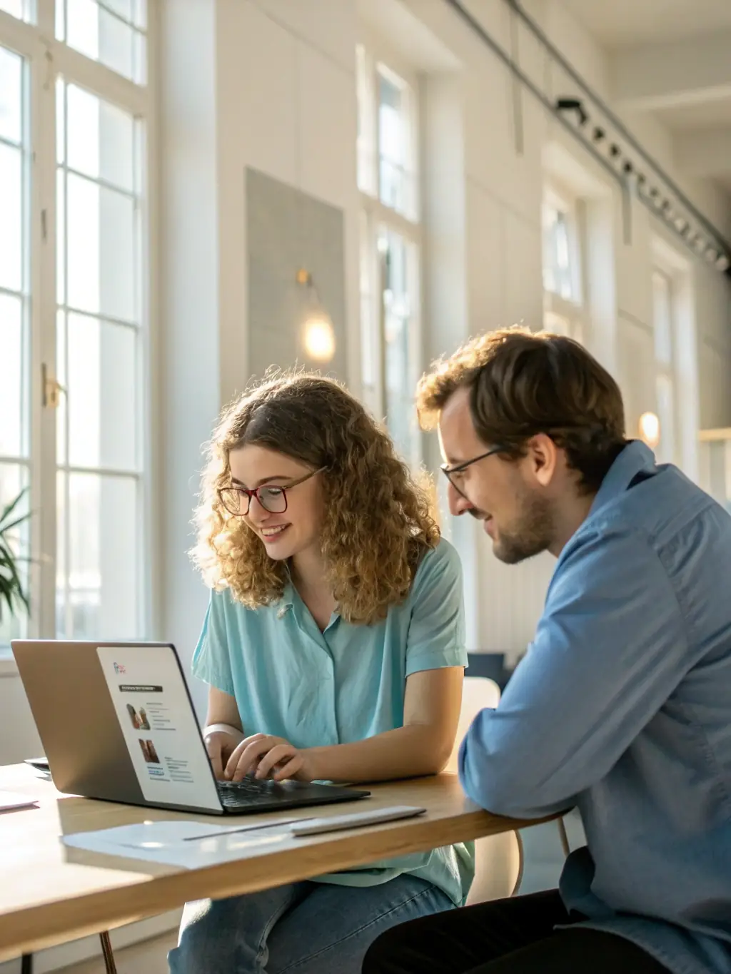 A friendly web designer sitting with a smiling plumber, both looking at a laptop displaying a finished website, in a tidy workshop setting.