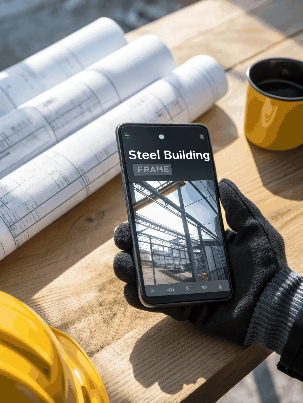 A smartphone displaying a tradie website, with clear call buttons and images, held in a gloved hand at a job site.